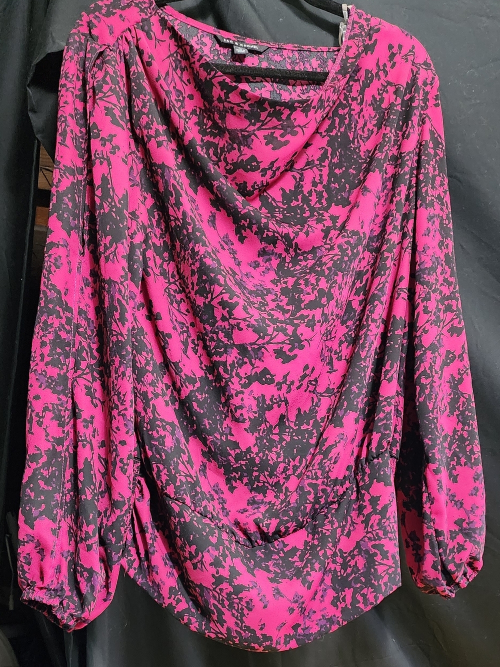Magenta and Black Print Drape Neck Blouse